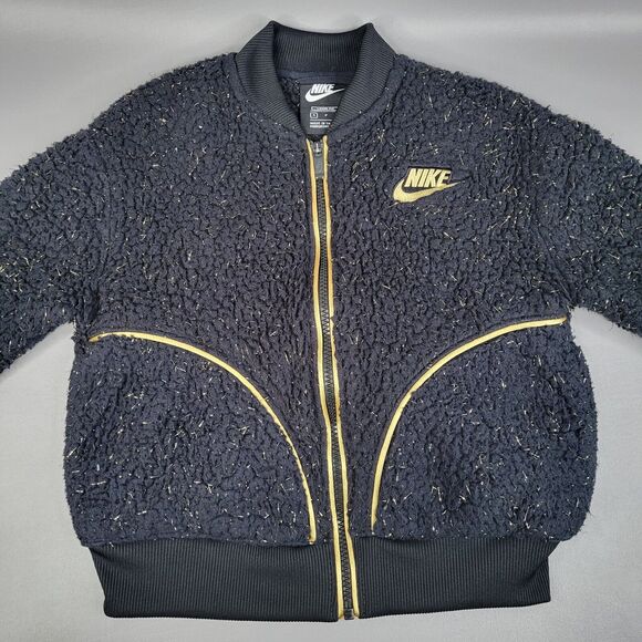 Nike Girls Bomber Jacket Size Small Loose Fit Full Zip Black Gold Faux Fur - Picture 11 of 12